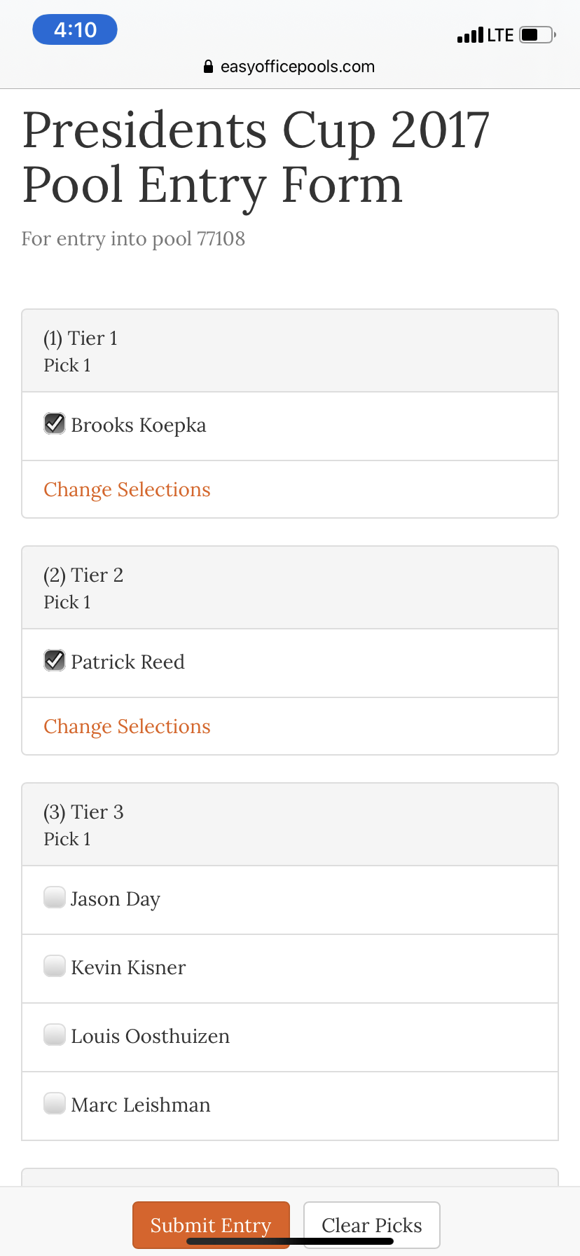 (2) Pick Your Team Screenshot President's Cup Pool